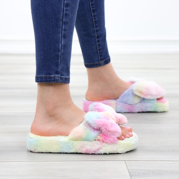 Bow Tie Furry Slip On Tie Dye Slippers - Picture 7 of 16